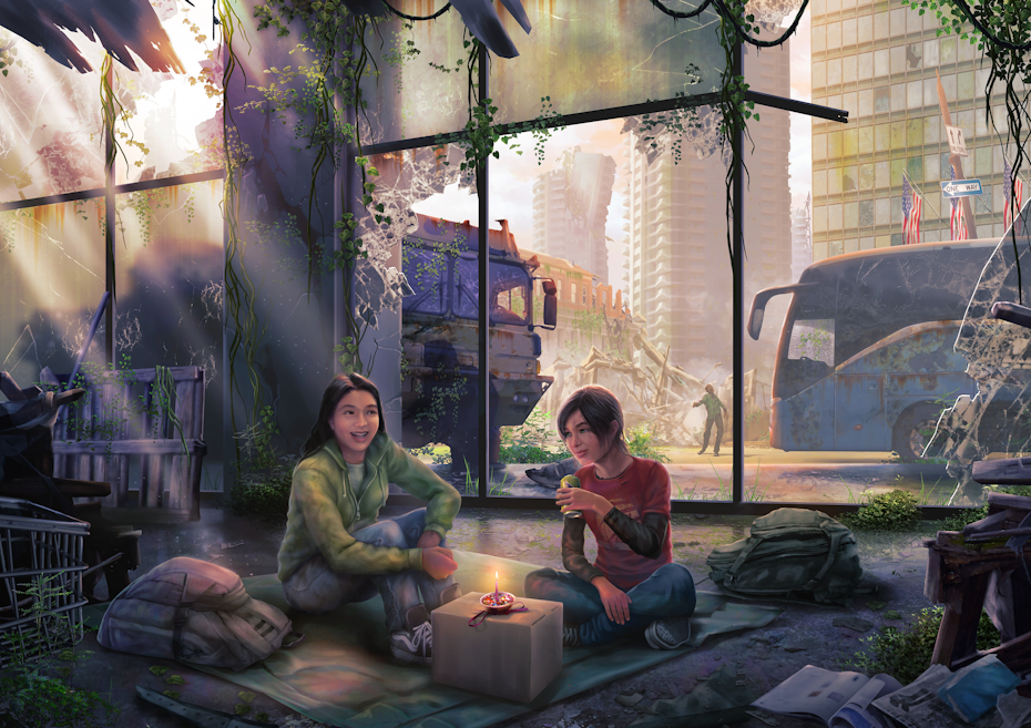 two girls share a moment in a grim city