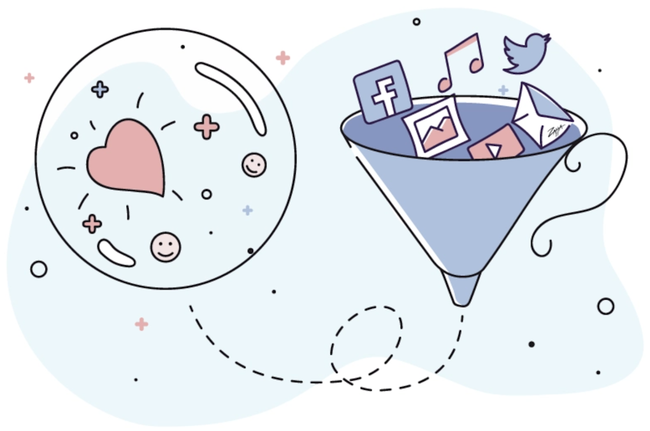 a cartoon of a funnel with marketing tactics producing a bubble of customer happiness