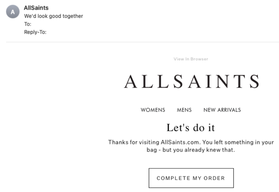 a marketing email reminding a user of an item in their cart