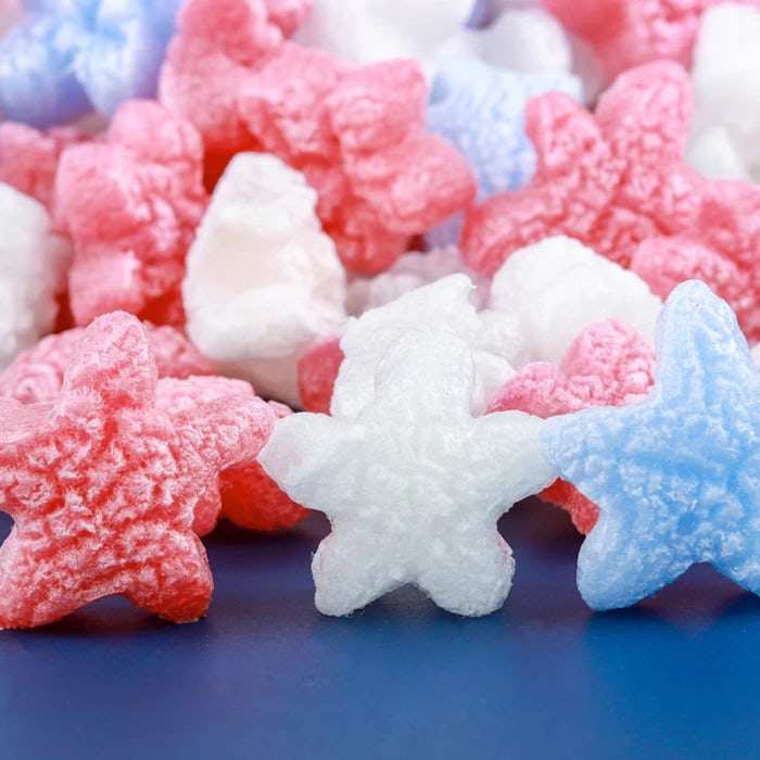 red, white and blue star-shaped, eco-friendly packing peanuts
