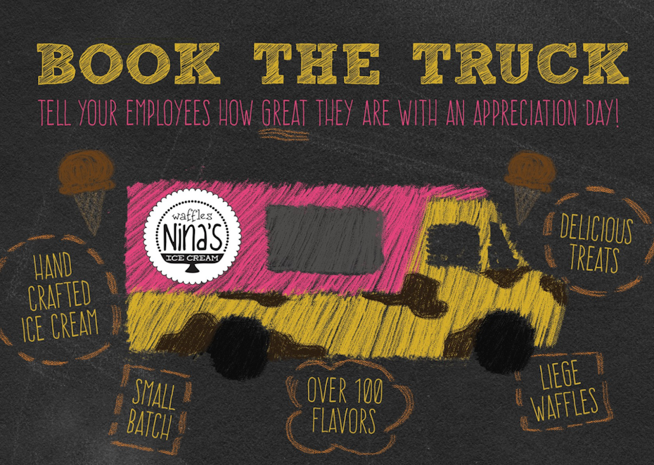 :Pink and yellow ice cream truck with the words that says ‘Book the truck. Tell your employees how great they are with an appreciation day!