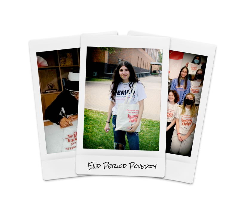 PERIOD. volunteers with image text, 'End period poverty'