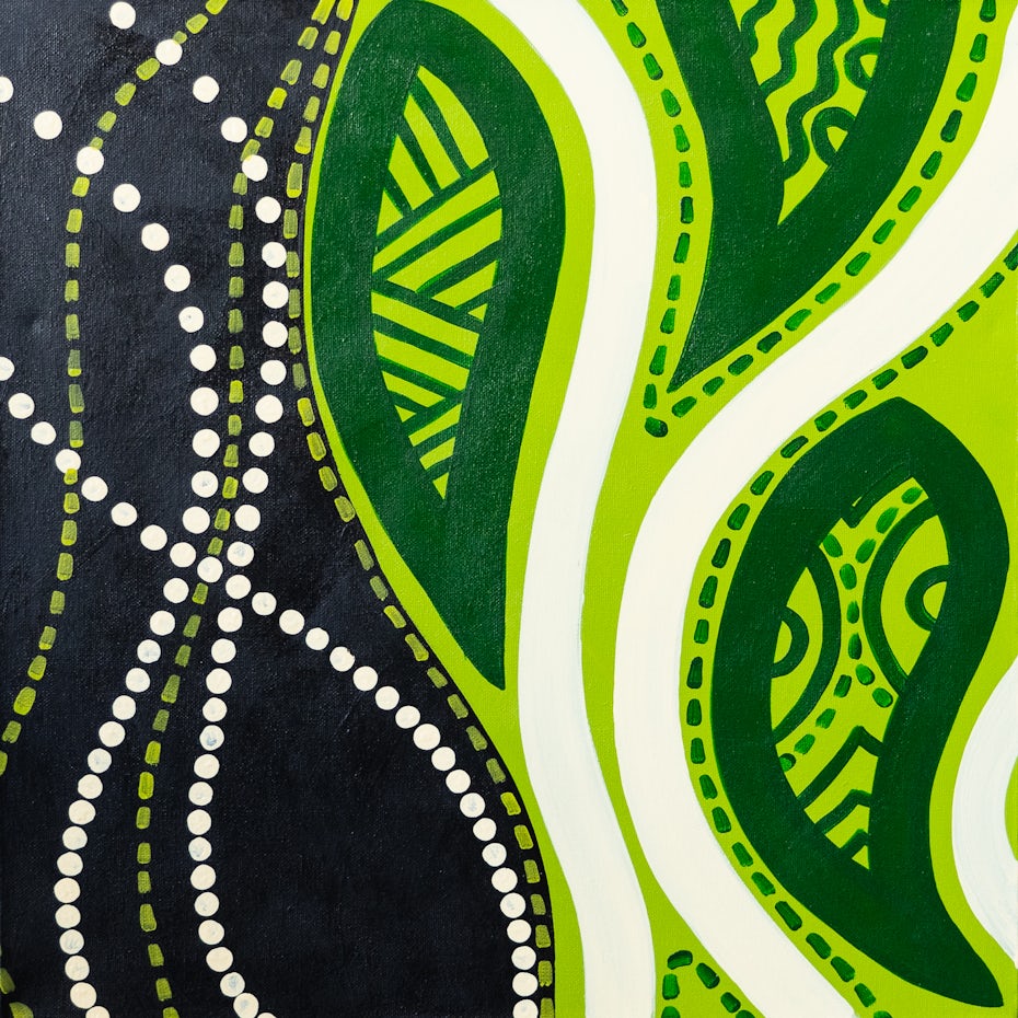 “The Leaves and Smoke”, Indigenous Aboriginal painting by Safina Stewart