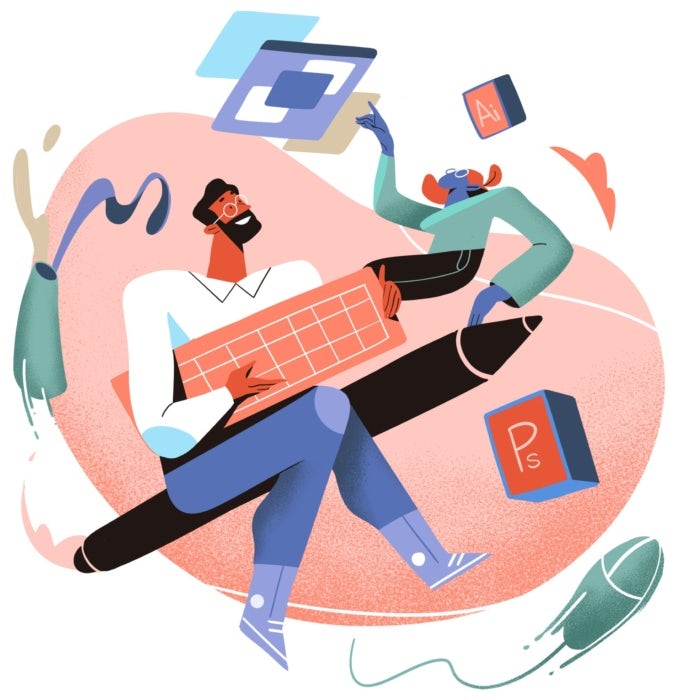 Two people floating up in air as they play with different design tools