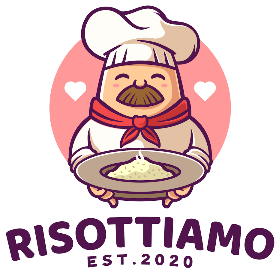 peach figure of a chef with a moustache holding a bowl of risotto
