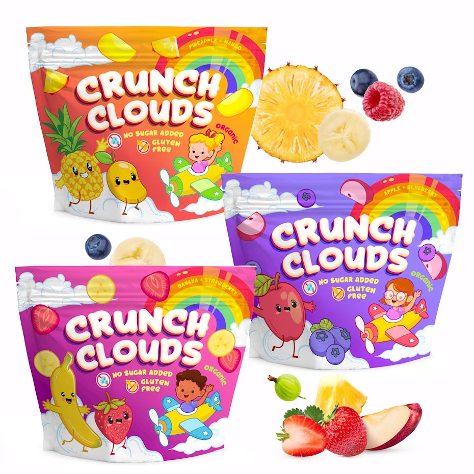 colorful pouches showing cartoon kids and fruit pieces