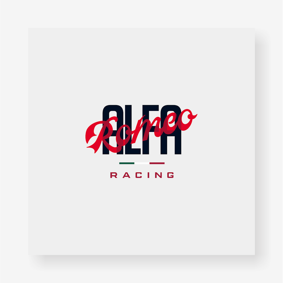 Alfa Romeo-Logo mit Alfa in schwarzer Schrift und Romeo in roter, transparenter Schrift darüber