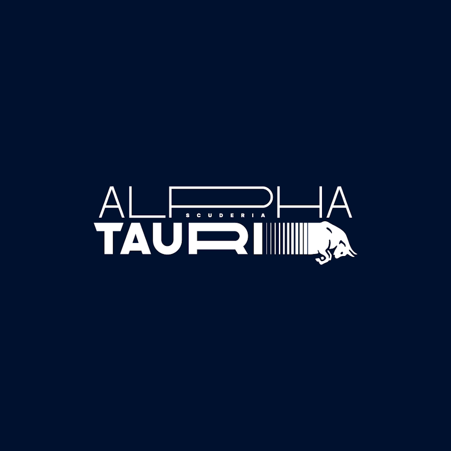 Stretched lettering of AlphaTauri logo with image of a bull
