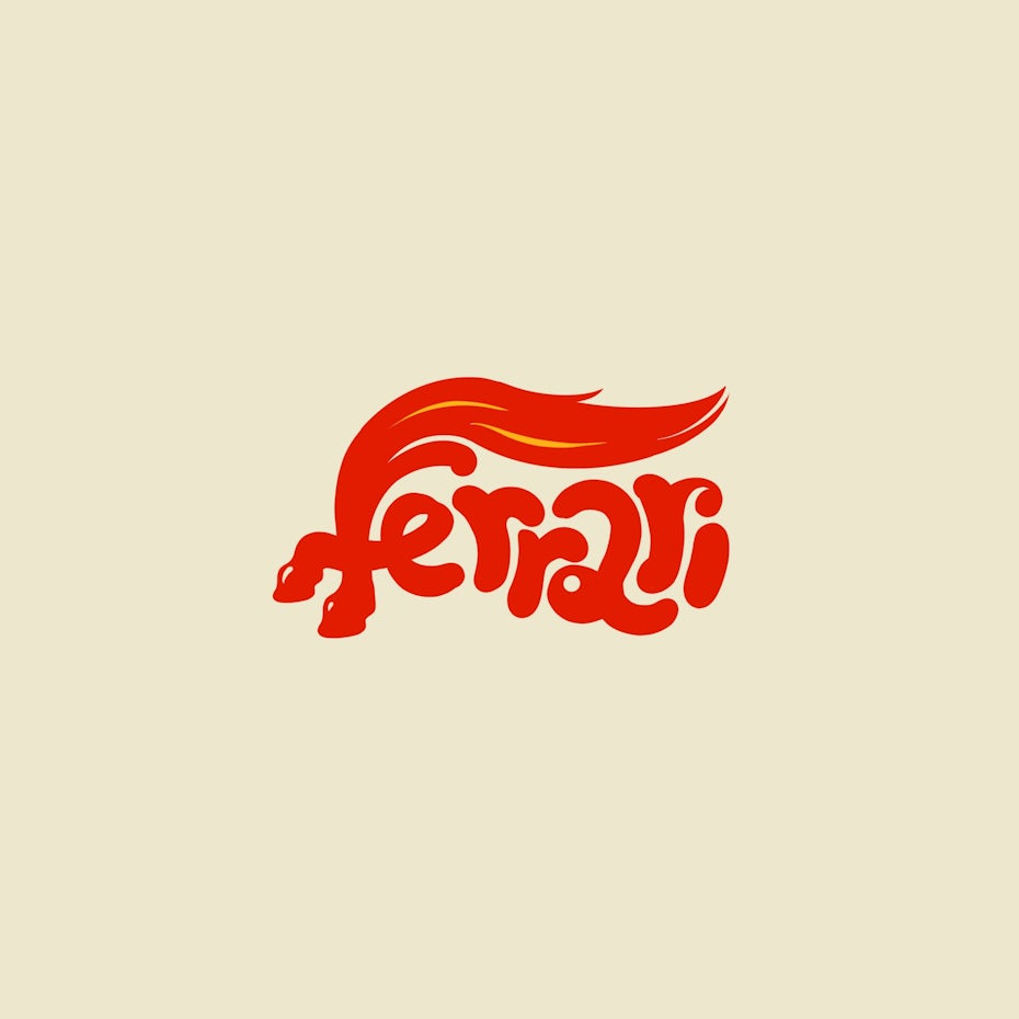 Red bubble text Ferrari logo design with an F shaped like a horse