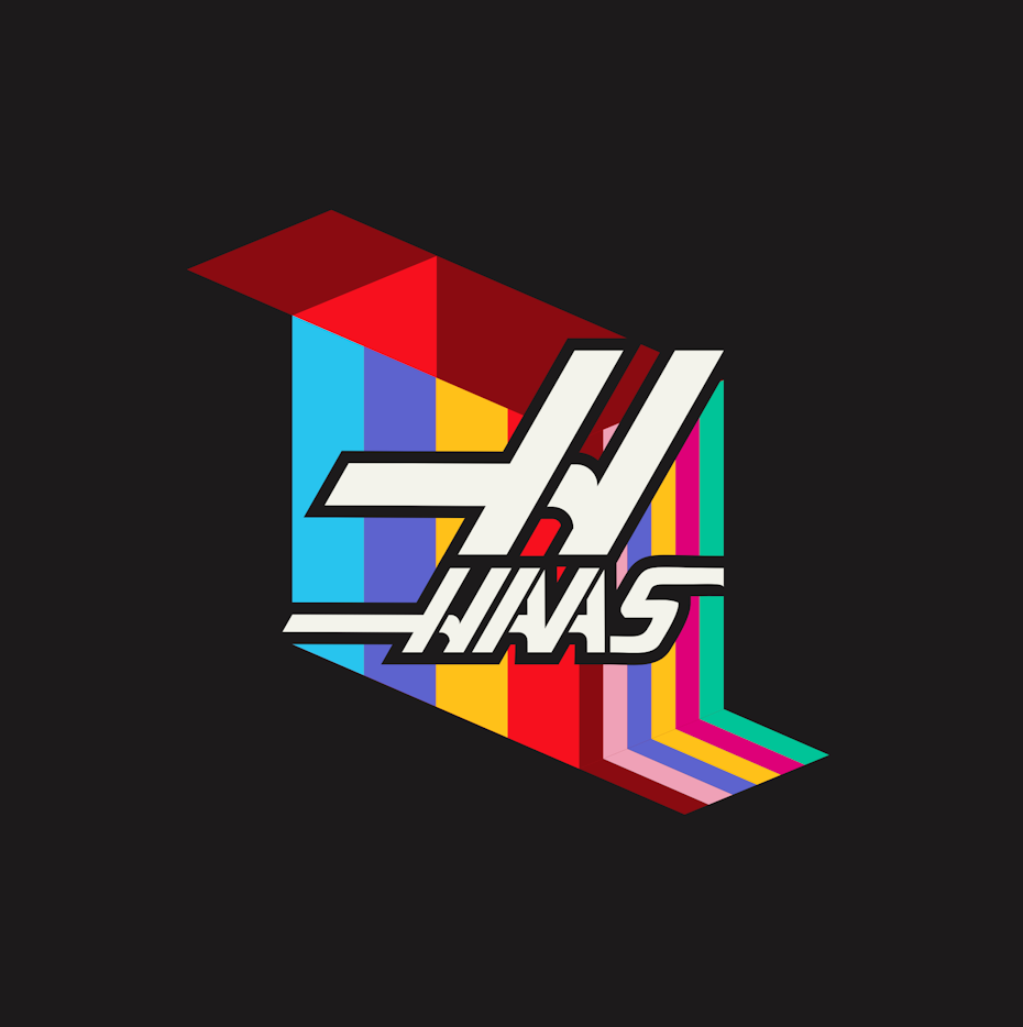 Haas logo design with white H over a multicolored block of bright squares