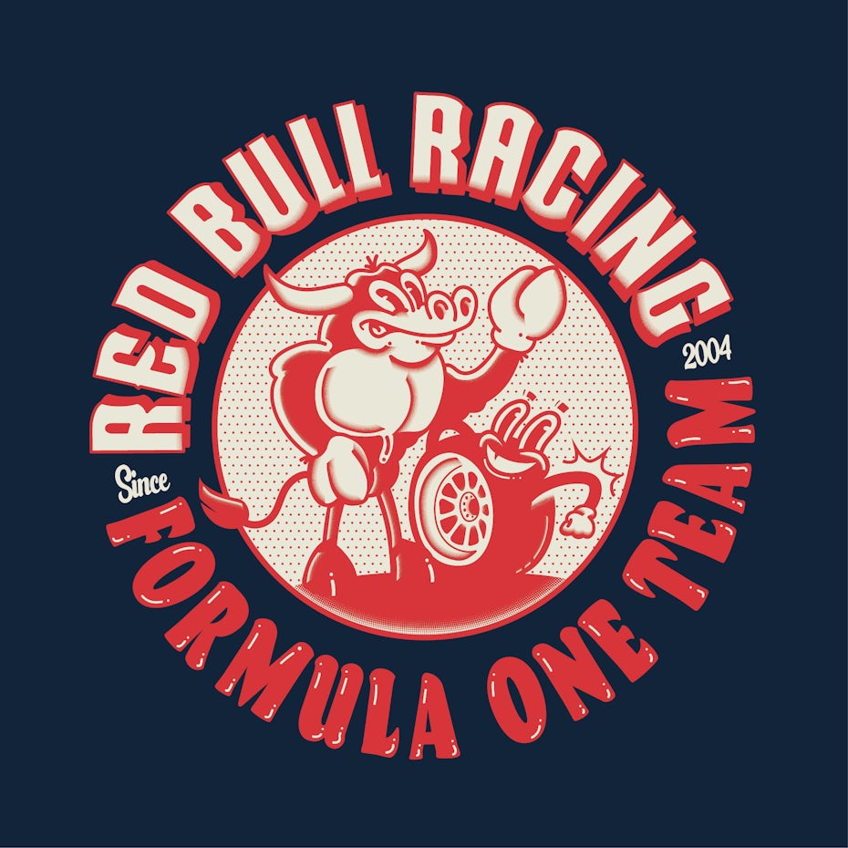 Retro rubber hose style bull and tire characters in Red Bull logo design