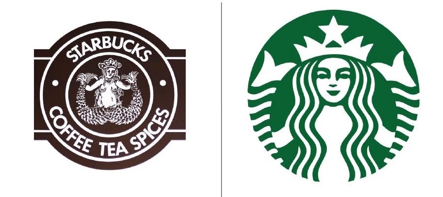 Before and after of the original and modern Starbucks logo