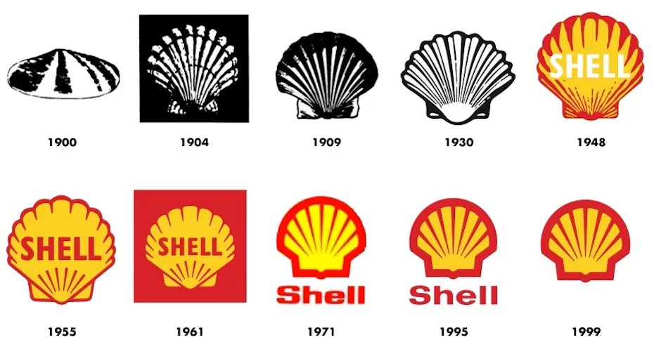 Before and after of the original and modern Shell logo