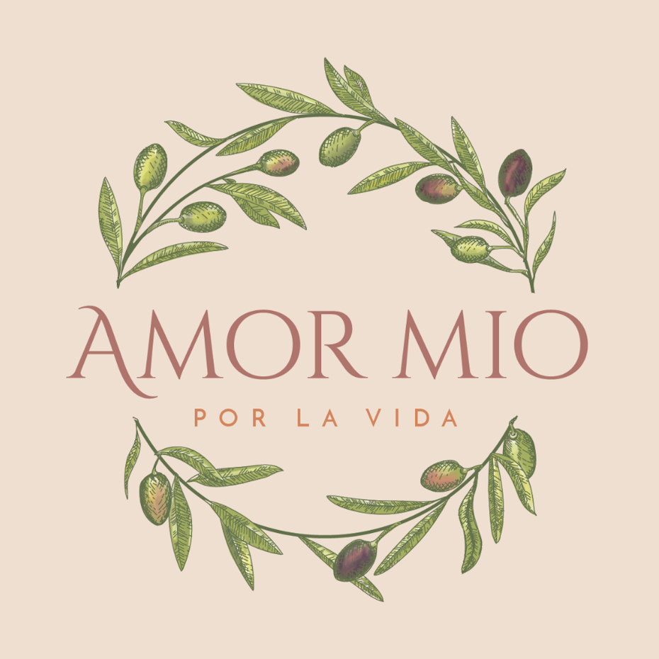 Olive oil branch in a circle around the text Amor Mio