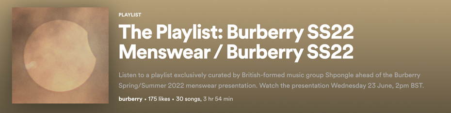 A playlist cover that says ‘The Playlist: Burberry SS22 Menswear/Burberry SS22