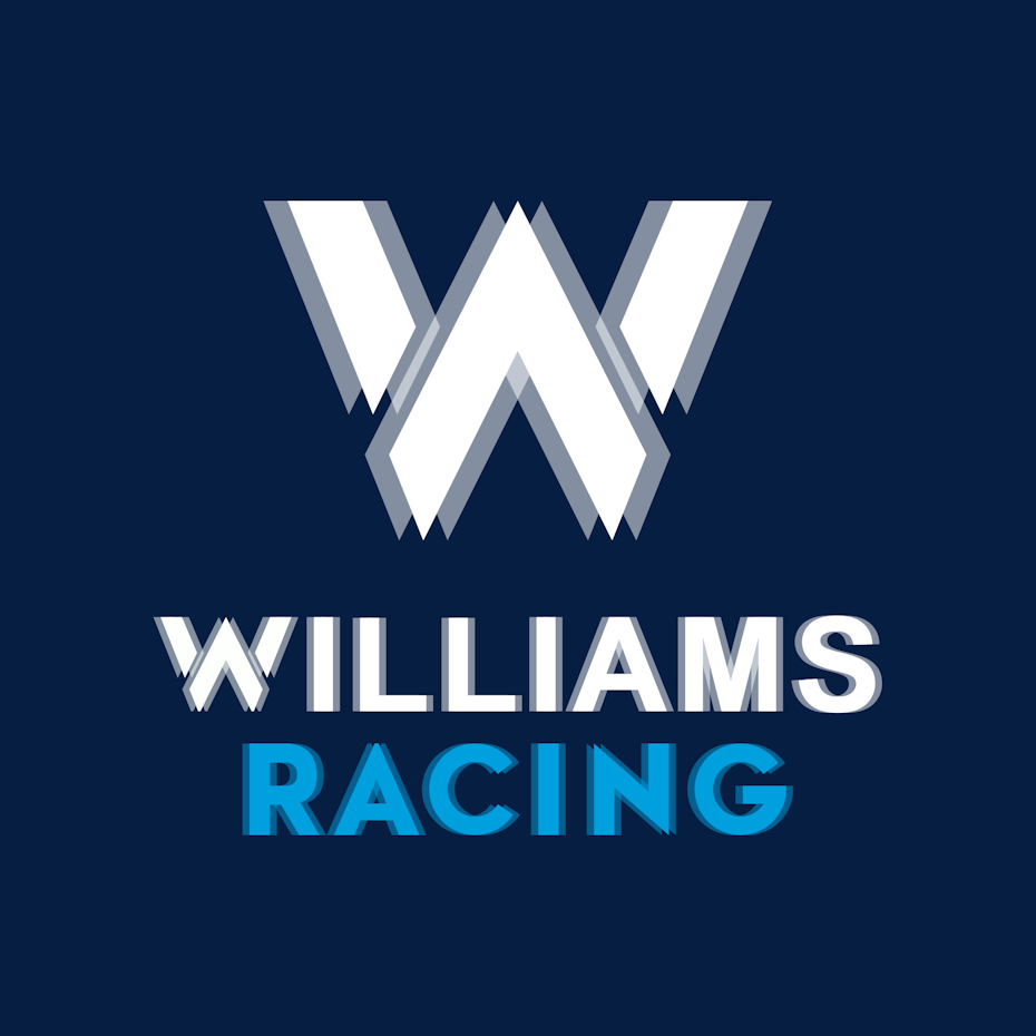 Large white W with a blurred effect on navy blue background above the words Williams Racing