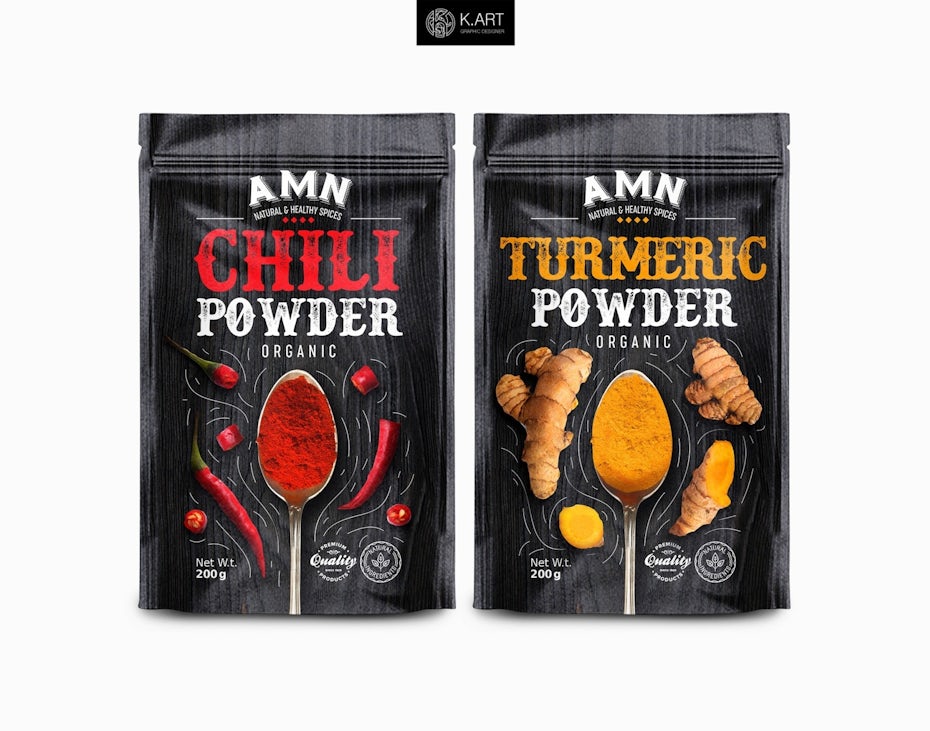 two black pouches of spices, one with chili and the other with turmeric