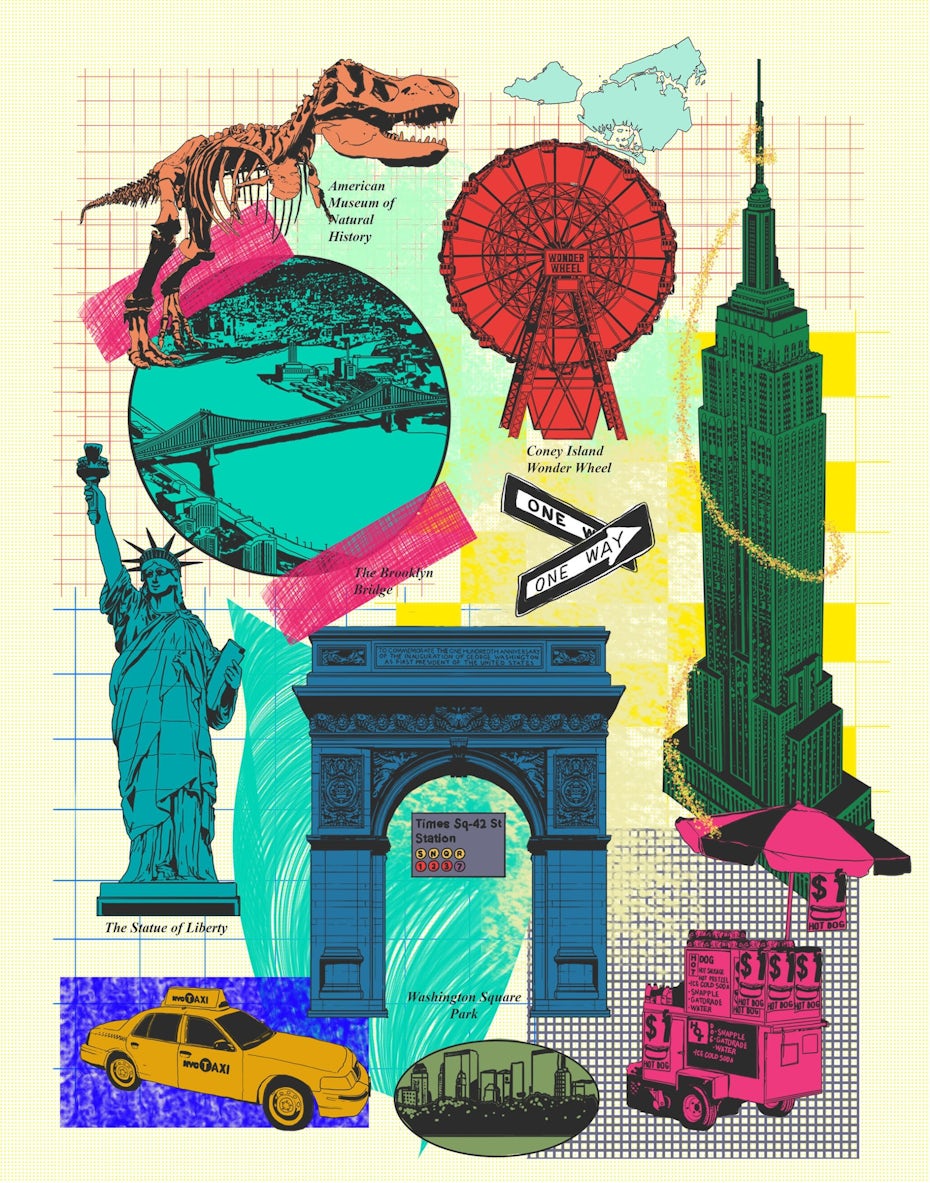 NYC tourism collage postcard design