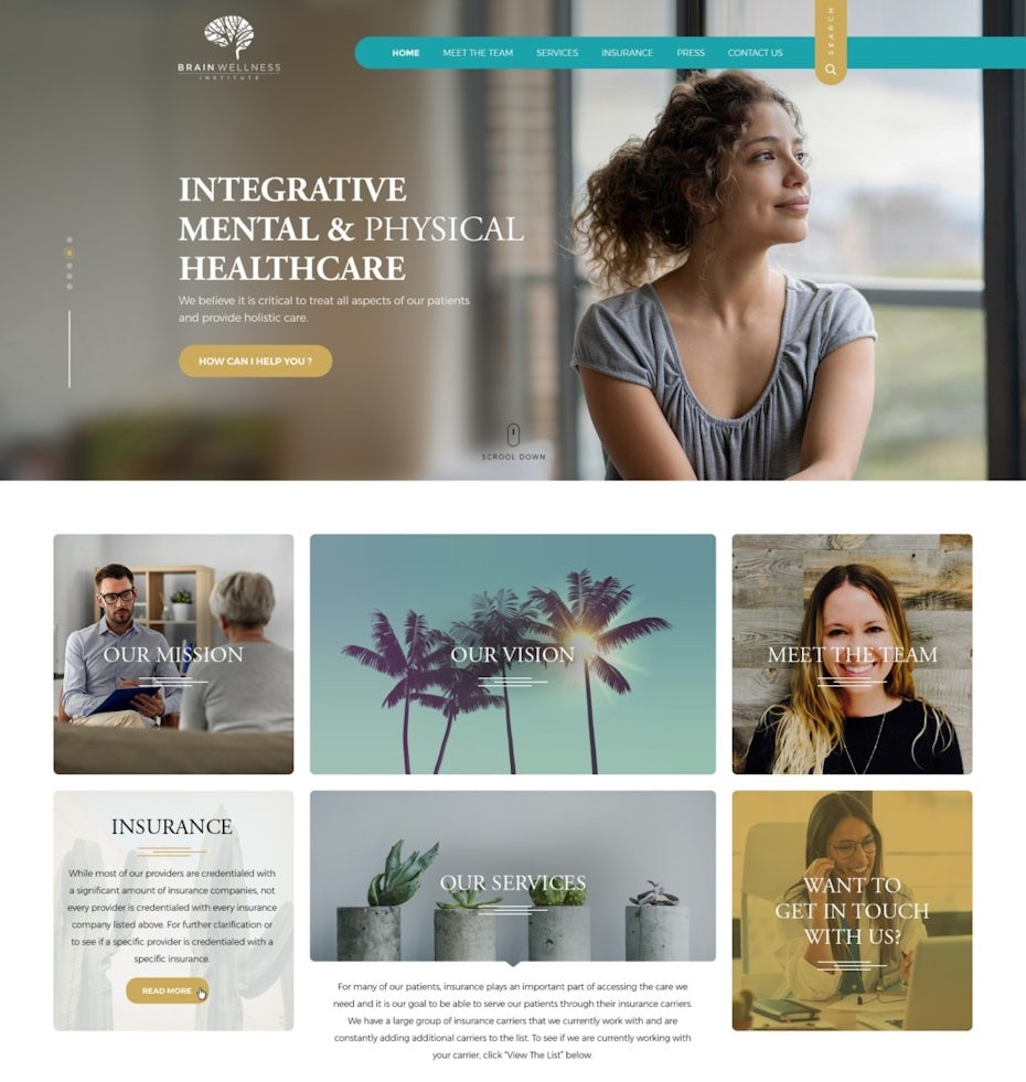 Types of website layout examples: Brain Wellness Institute