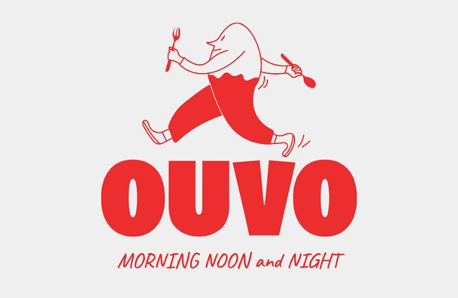 "ouvo" logo design featuring wordmark and illustration of a walking egg