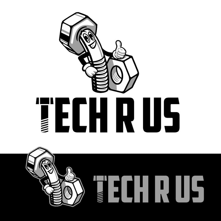 black, white and gray logo with a personified screw giving a thumbs up