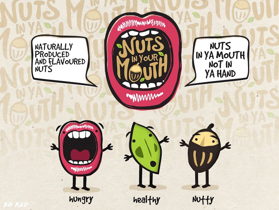 colorful logo of illustrated lips and brown text in a mouth