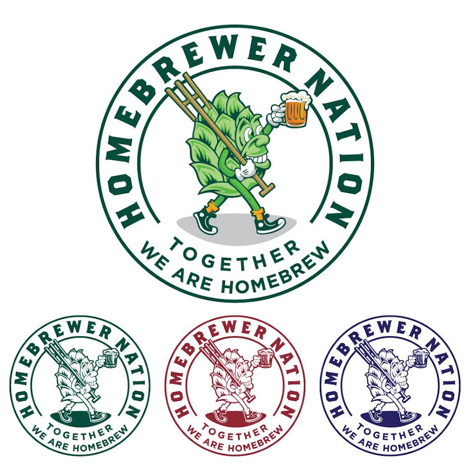 round green logo featuring a hops bud swinging a glass of beer