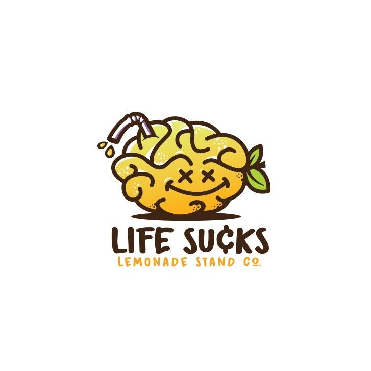 muted pastel logo of a brain shaped like a lemon with X eyes and a straw from its head