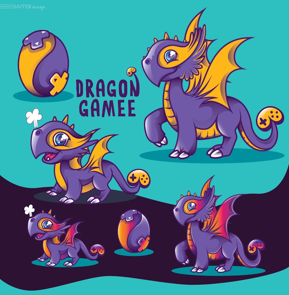 images of a purple and orange dragon against a purple background