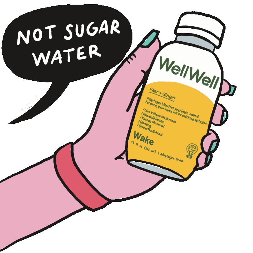 hand holding wellness drink, with animated gif revealing that it's "science", "not sugar water" in the product.