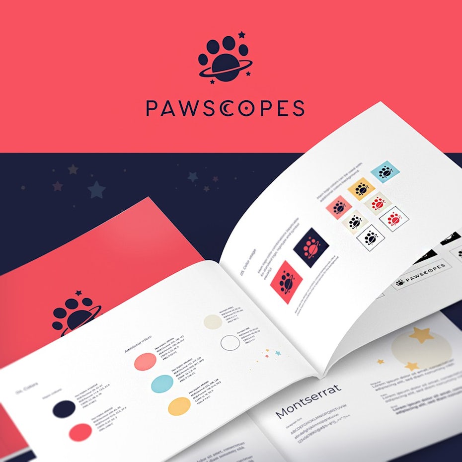 A brand guideline showing different logo designs and color palette