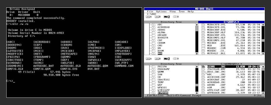  A CLI based operating system (MS-DOS). Right: DOS Shell, a GUI file manager program running on top of MS-DOS.