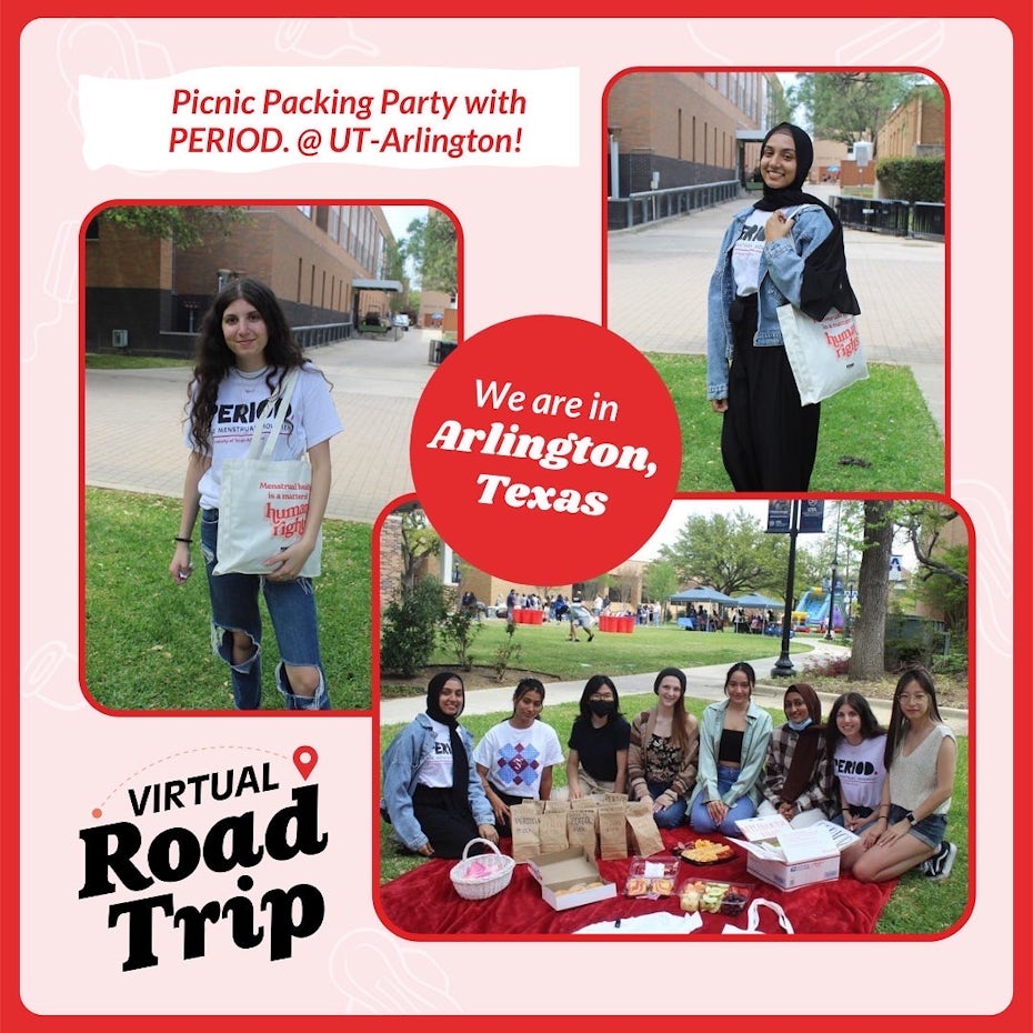 group of people from PERIOD wearing t-shorts and holding totes