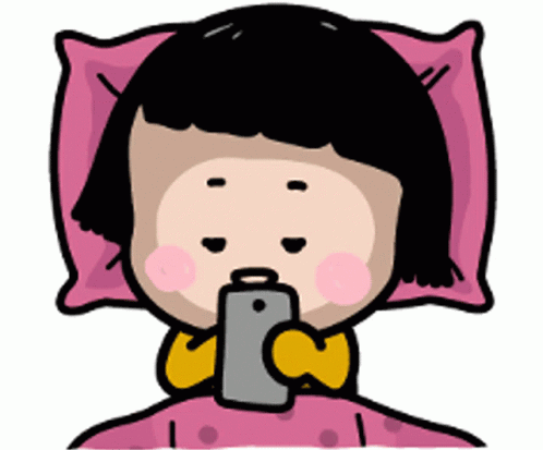 A cute animated girl is shown texting on her phone while in bed