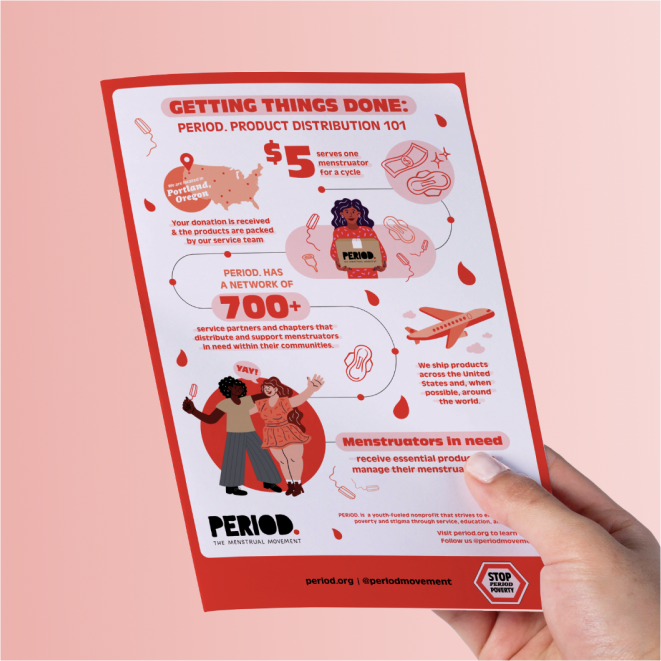 A hand holding an infographic of PERIOD.’s direct service program