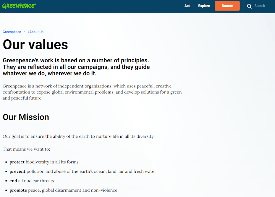 screenshot of Greenpeace’s Values page