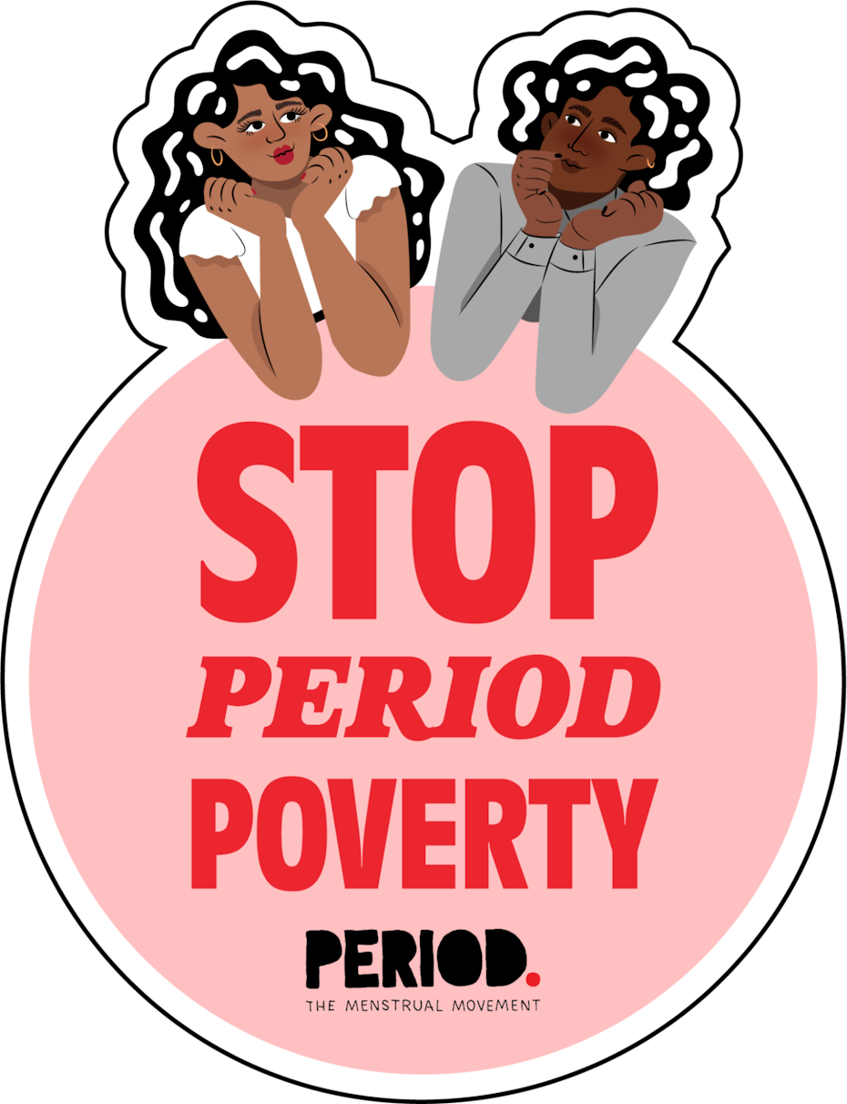 Sticker that reads ‘stop period poverty’