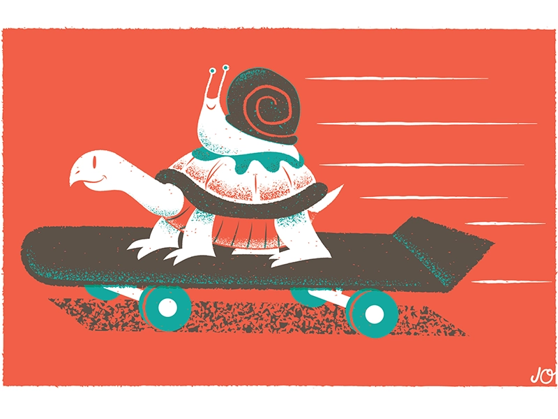 A snail rides on the back of a skateboarding turtle