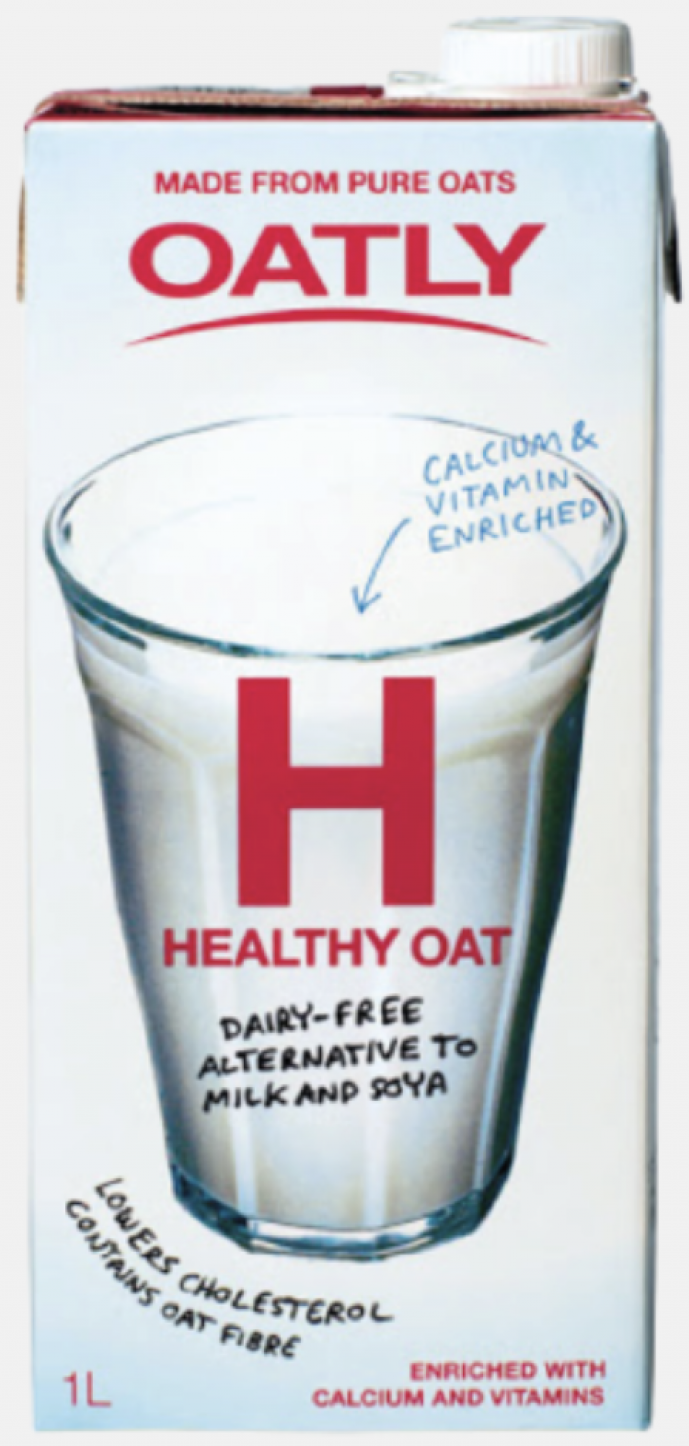  A milk box design by Oatly that shows a glass of milk with a capital H Healthy Oat in front