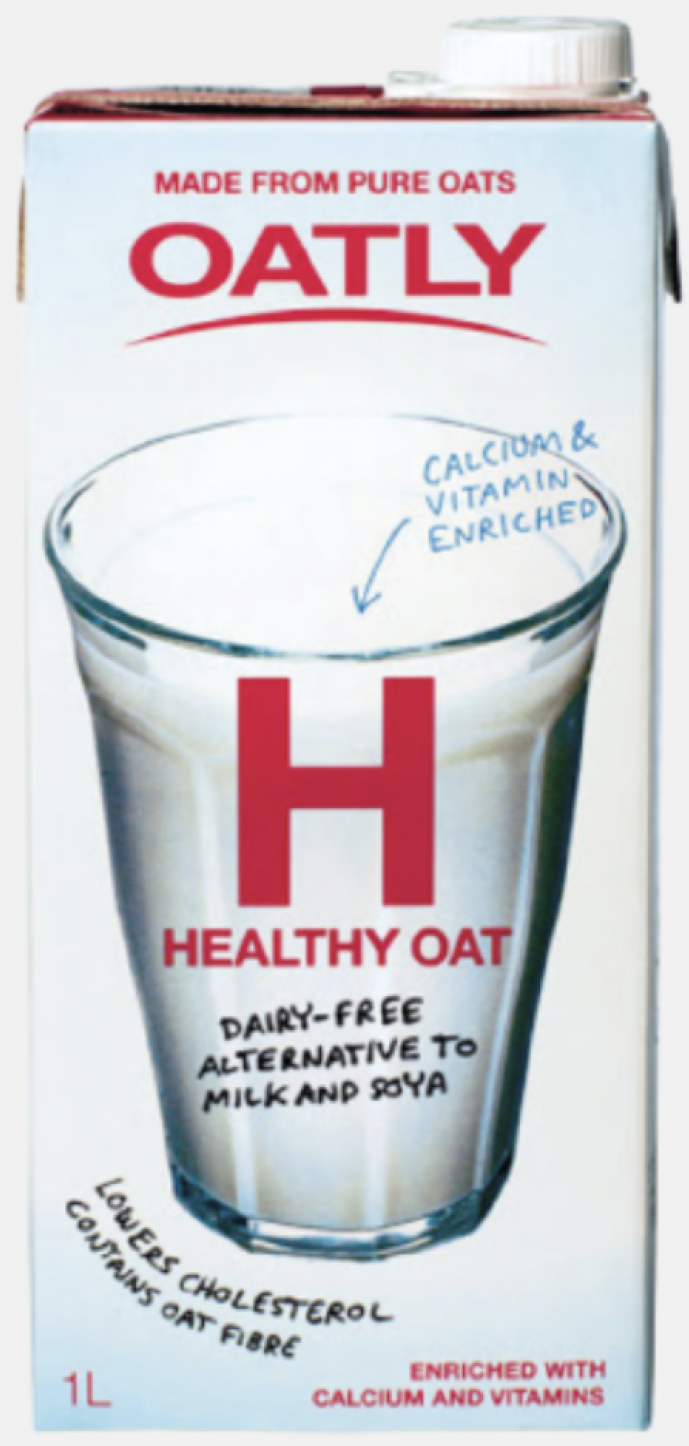 A milk box design by Oatly that shows a glass of milk with a capital H Healthy Oat in front