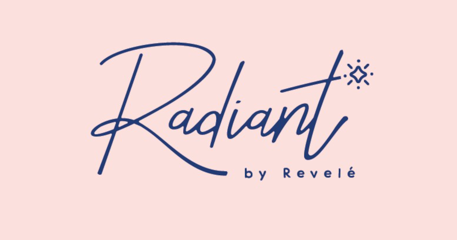 pink background with navy blue text that says radiant in cursive