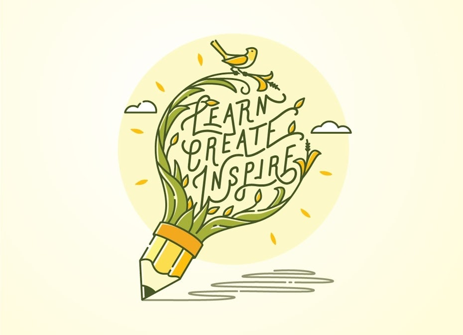 illustration of a light bulb with text “learn, create, inspire”