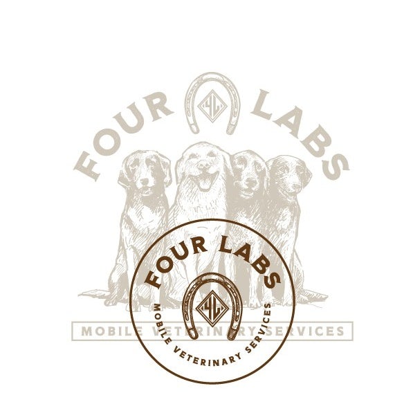 brown and white vintage-style logo featuring four Labrador Retrievers