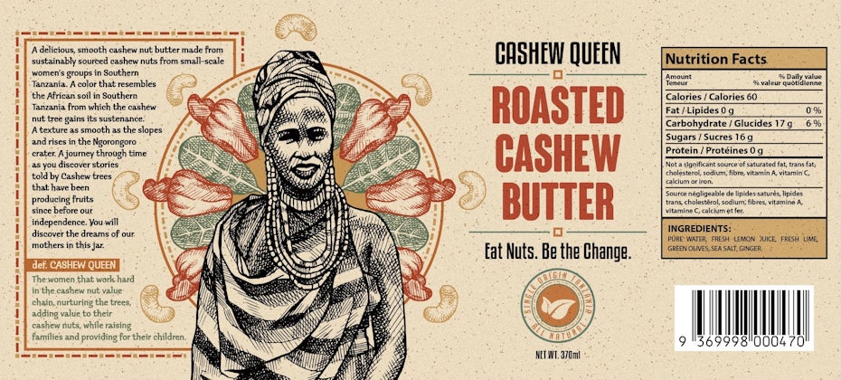 Cashew butter label design showing an illustrated Tanzanian farmer