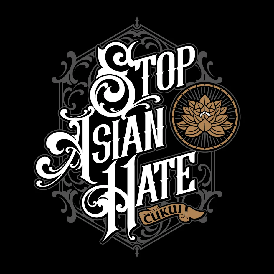 Graphic t-shirt illustration with tattoo-inspired lettering of the slogan “Stop Asian Hate”