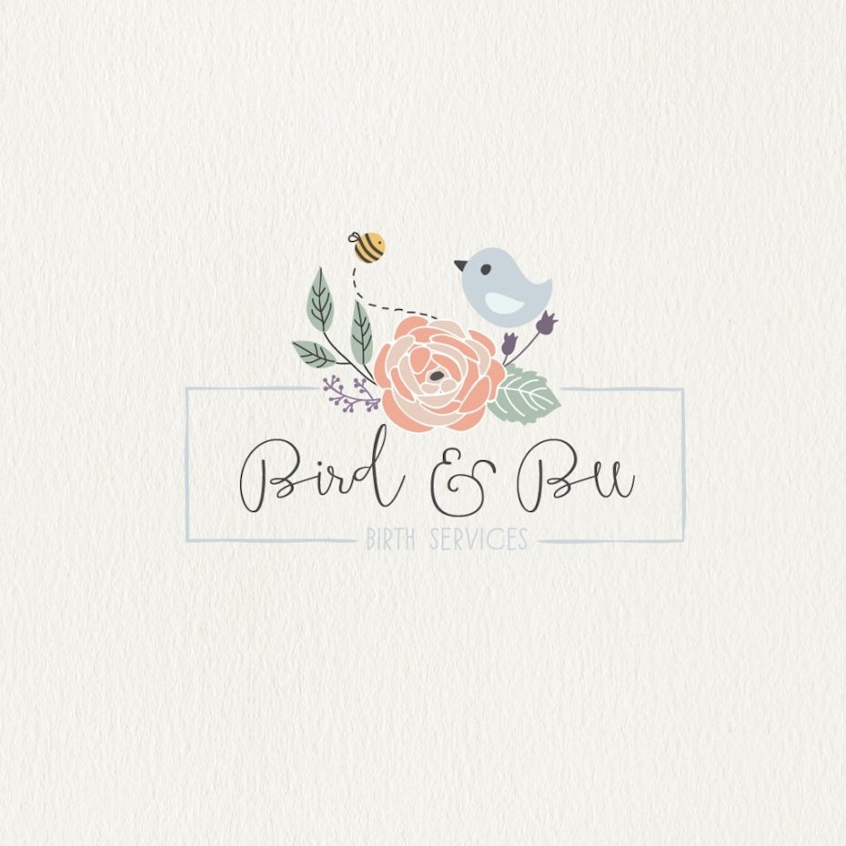 pastel pink and gray logo featuring a bird, a bee and a flower