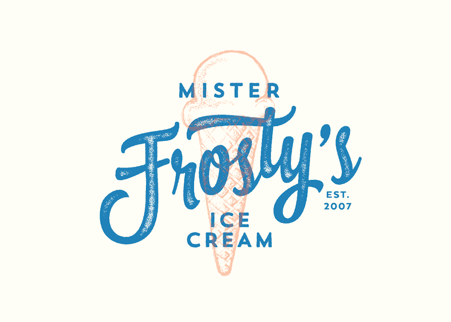 vintage-style ice cream logo featuring swoopy blue text and an orange outline of an ice cream
