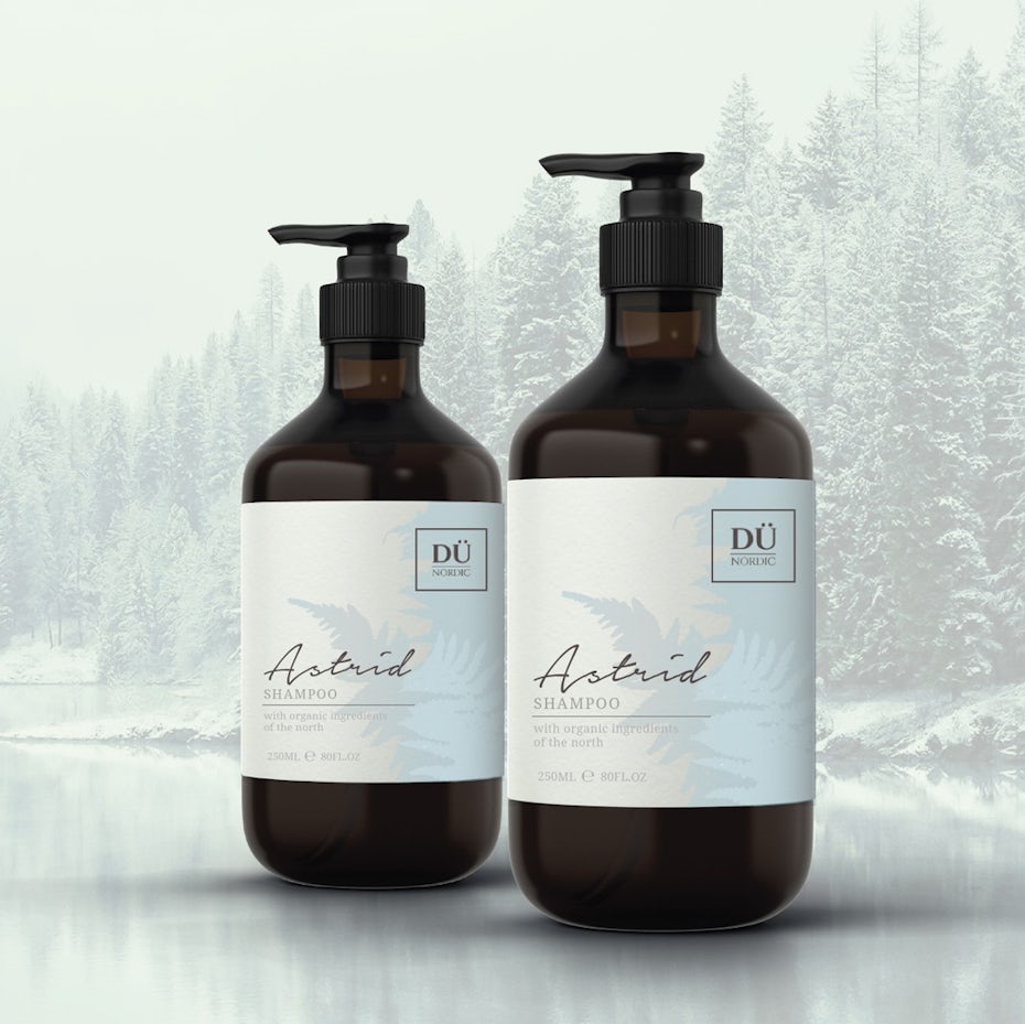 brown shampoo bottles with white and light blue labels