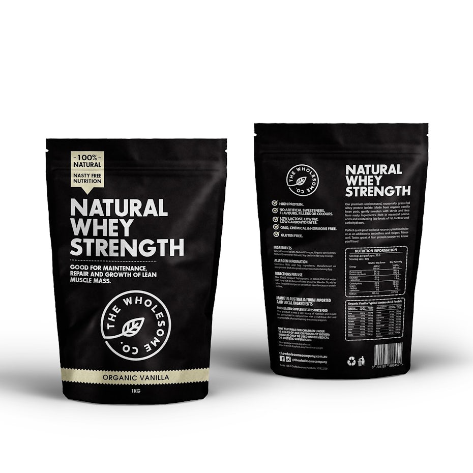 black whey pouch packaging with white text