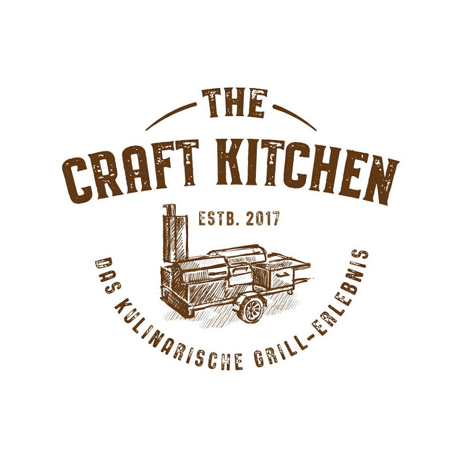 letterpress-style brown logo featuring a grill and text